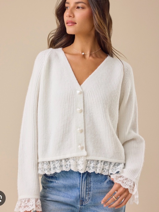 Altar'd State Sweaters - Altar'd State Ivory Lace-Trim V-Neck Cardigan